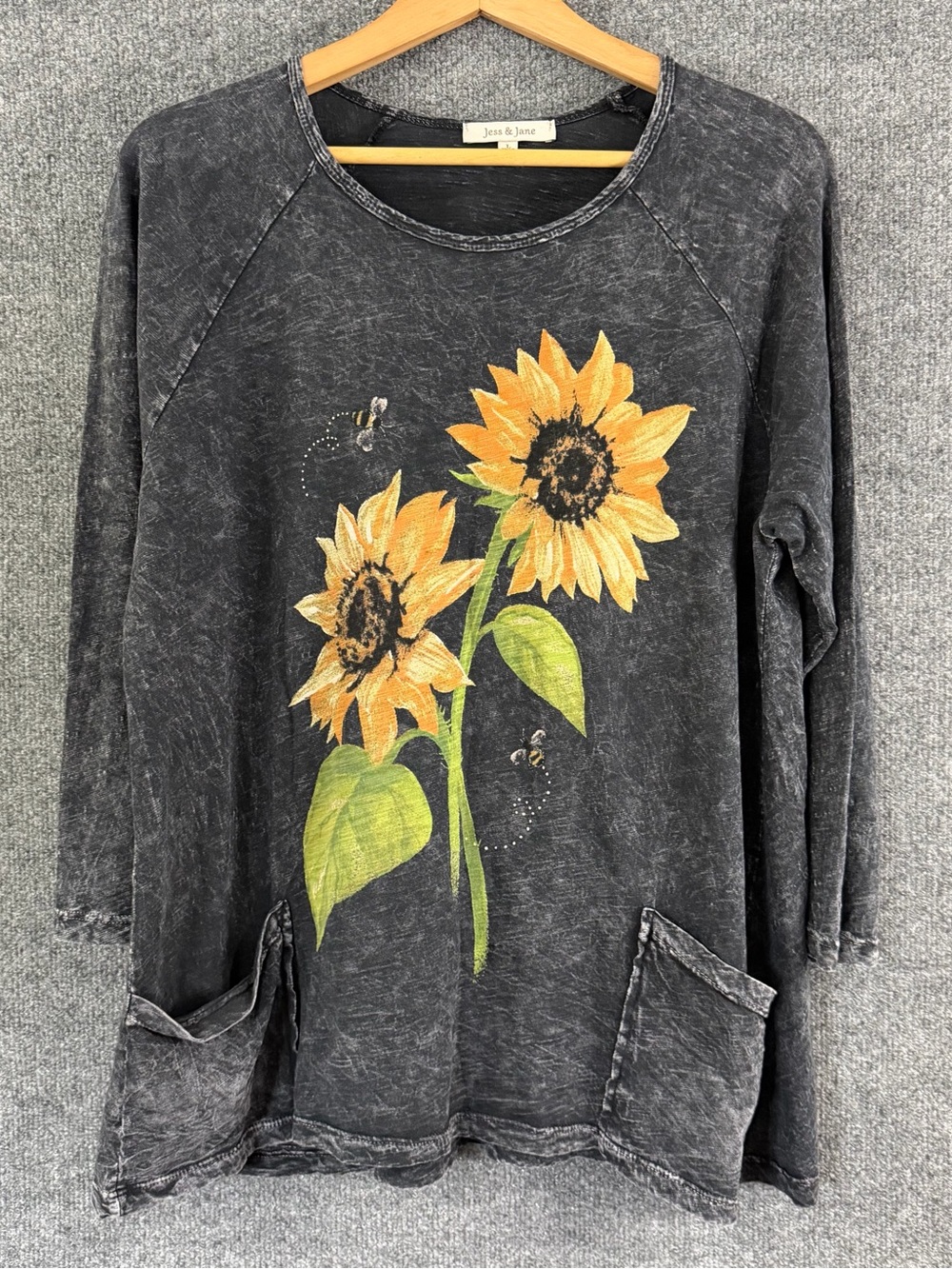 Jess & Jane Womens L Top Sunflower Mineral Wash Cotton Patch Pockets 3/4 Sleeve⁠